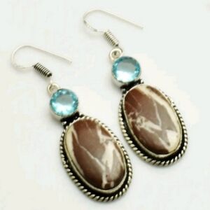 Coconut Jasper, Blue Topaz Gemstone 925 Sterling Silver Dangle Earrings